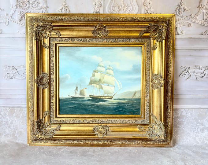 Large Vintage Maritime Oil Painting – Ornate Gold Frame Sailing Ship Wall Art