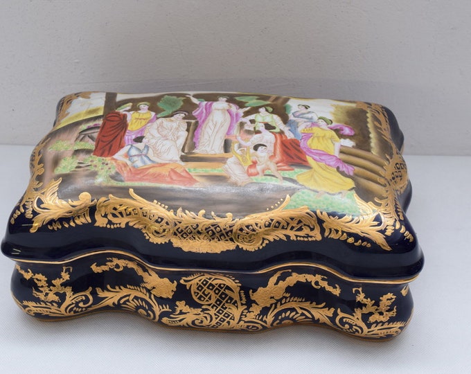 LARGE ! Gilded Painted Porcelain Casket Flower Flowers Ornaments Art Nouveau  Vintage Gift -