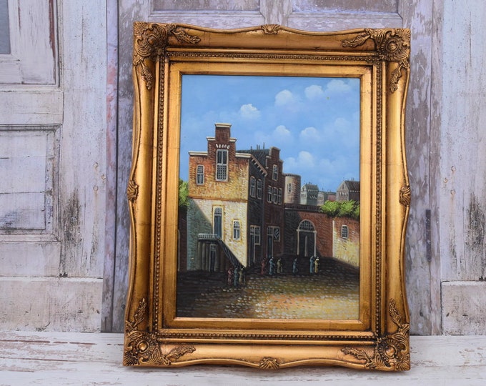 Old City Landscape - Painting in Golden Frame - Vintage Oil on Canvas - Gift Idea - Wall Decor - Wall Art - Home Decor