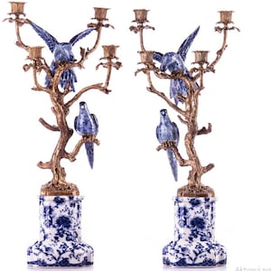 Pair Set Blue Porcelain with Bronze Candlestick - Parrots on a Branch - Bird Parrot  Art Deco Gift - Home Decor