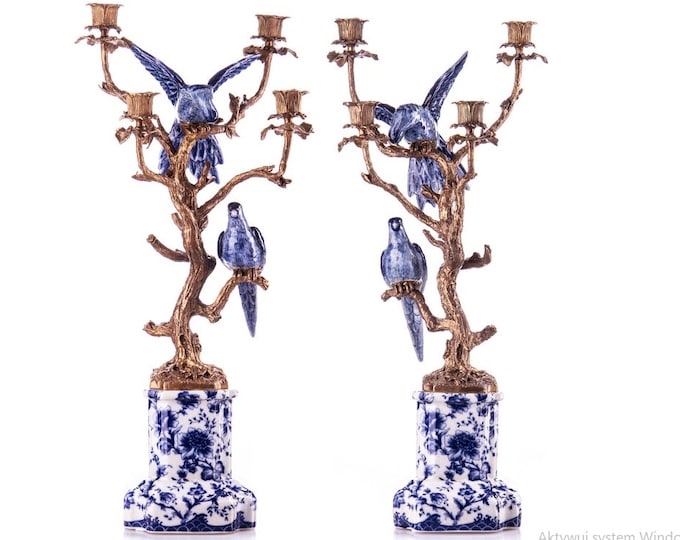 Pair Set Blue Porcelain with Bronze Candlestick - Parrots on a Branch - Bird Parrot  Art Deco Gift - Home Decor