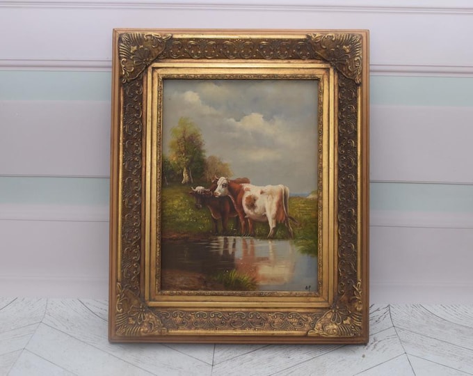 Painting Cows at the Watering Hole - Goldene Frame - French Landscape Painting Art - Old Oil on Wood - French Art - Wall Decor - Gift Idea