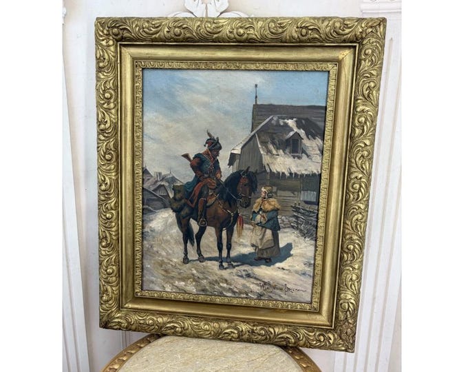 Antique Oil Painting – Polish Cavalry Horseman in Winter Village – Wladyslaw Szerner Style – Krakow Collection