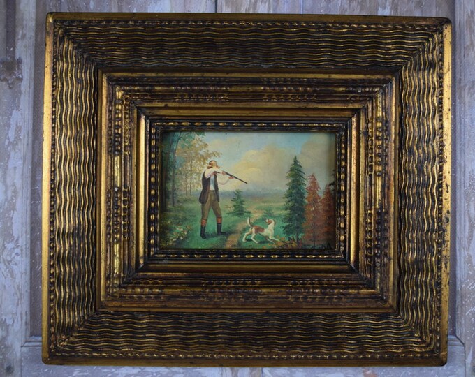 Hunter with Shotgun and Dog - Nice Golde Frame - Hunting Scene Art - Oil on Wood - French Art - Wall Decor - Gift Idea - Home Decor
