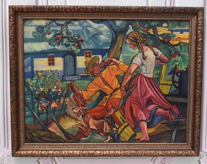 Antique Painting - Zofia Stryjenska Painting Man and Woman Highlanders - Mountain Painting - Polish Art on Canvas - Zakopane Polish Painting