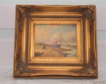 Vintage Ship Painting: Handmade Nautical Art in Gold Frame