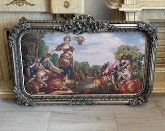 Vintage French Tapestry Painting: Aristocratic Feast, Elegant Chateau Style Wall Art