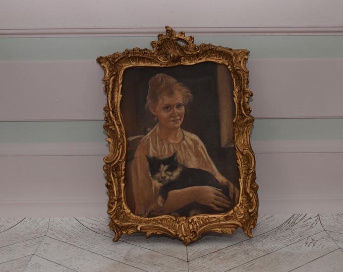 Antique Painting Girl with Cat - Painting on Canvas with Old Gold Frame - Mehoffer Art Deco Painting Polish Artist - Wall Decor - Home Decor