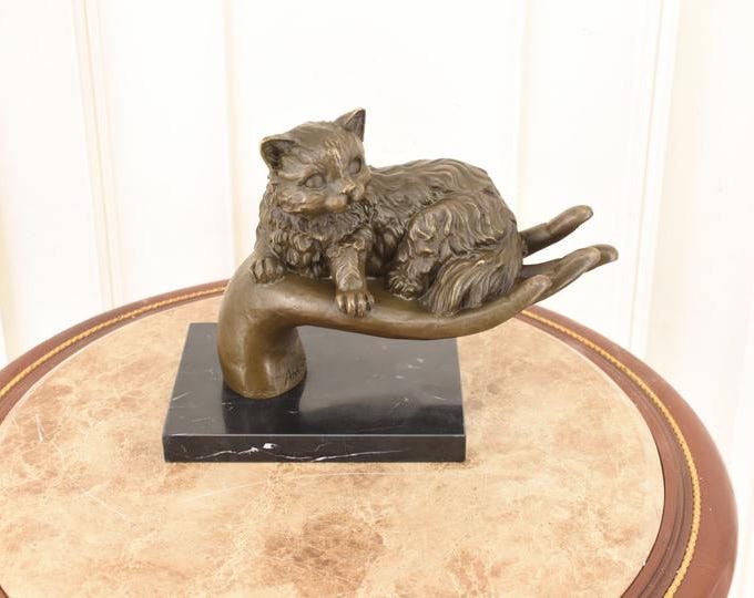 Vintage Bronze Sculpture – Lady Hands Holding a Kitten – Antoinette Signed