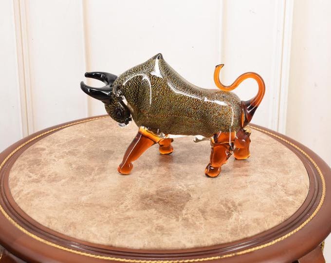 Brown Murano Style Glass Bull Sculpture - Italian Home Decor