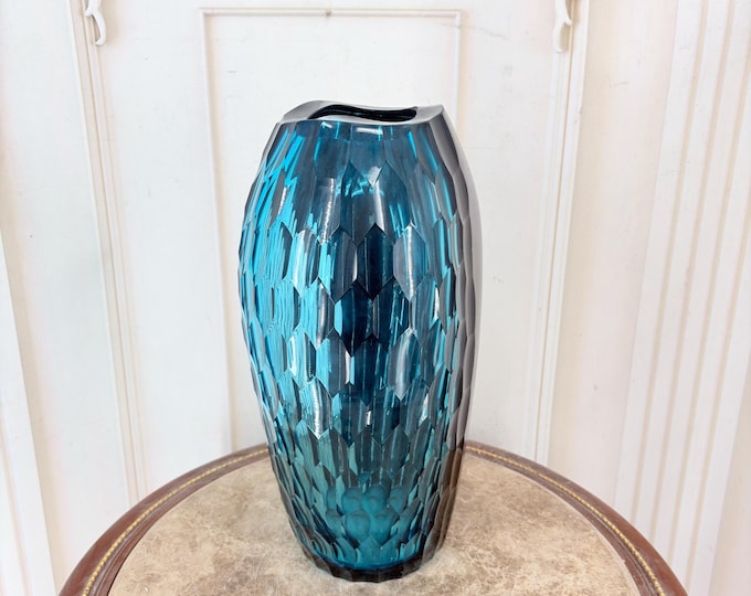 Vintage Blue and Black Art Glass Vase - Heavy Decorative Glass - Modernist Style, Signed