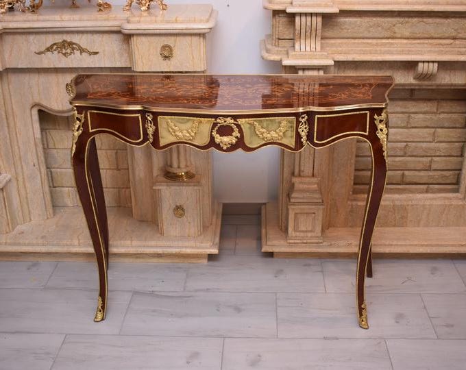 French Louis XV Console Table – Wall Console – Wooden Top – Bronze Ornaments – Vintage Baroque Decor