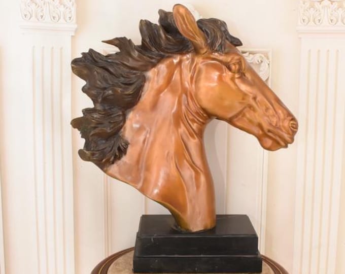 French Vintage Bronze Horse Head Sculpture – Art Deco Equine Statue on Marble Base