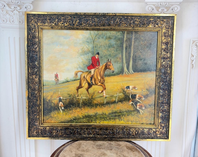 Oil on Canvas Hunter Horseback Riding Scene Painting – French Art, Gold Frame