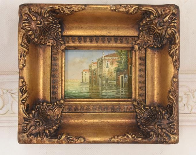 Venice Canal Painting – Italian Cityscape Art in Golden Frame