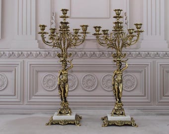 Vintage Art Nouveau Brass Candlesticks: Two Women Candelabra Pair