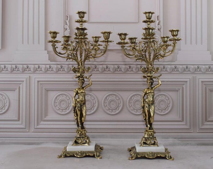 Vintage Pair Brass Candlesticks - Candelabrum Brass  Candleholders Art - Exclusive Chandeliers Gift Idea - Two Women Brass - Art Nouveau