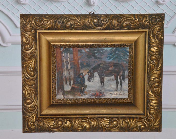 Antique Polish Painting – Soldier with Horse, 1920s Scene – Kossak Style Art on Wood – Vintage Wall Art Decor – Gift for Birthday