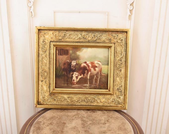 Vintage Oil Painting – Cows at Watering Place, Rustic Farm Scene on Wood