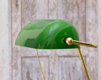 Buy Vintage Banker Lamp: Polished Brass, Green Glass Desk Light