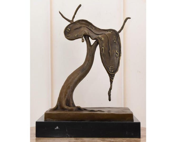 Dali Style Melting Clock Sculpture: Bronze Surrealist Art on Marble