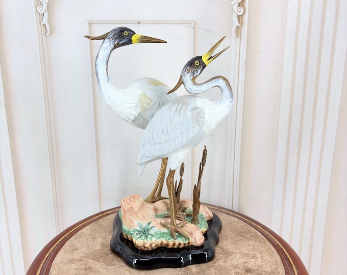 Vintage French Porcelain Crane Figurines – Colorful Decorative Birds – Elegant Home Accent