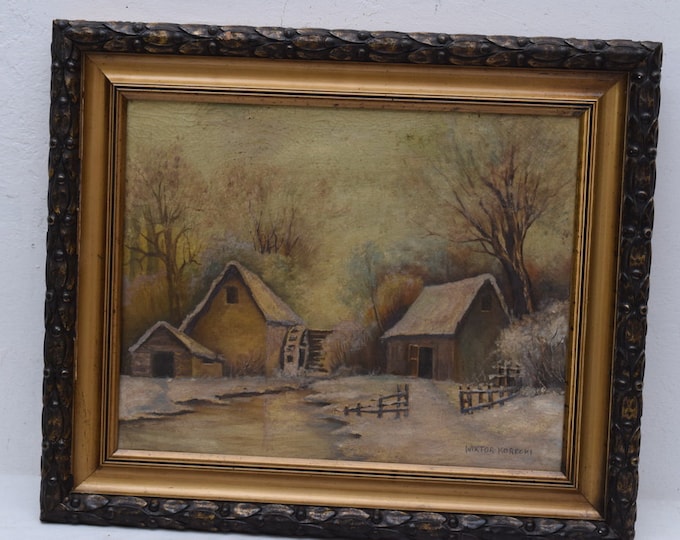 Winter Landscape winter snow hut - Wiktor Korecki PAINTING - old painting on canvas