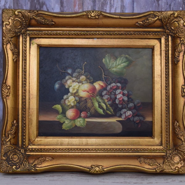 Nature morte dans un cadre doré, peinture à l'huile sur bois, raisins et fruits, décoration murale art français, décoration d'intérieur, cadeau de mariage