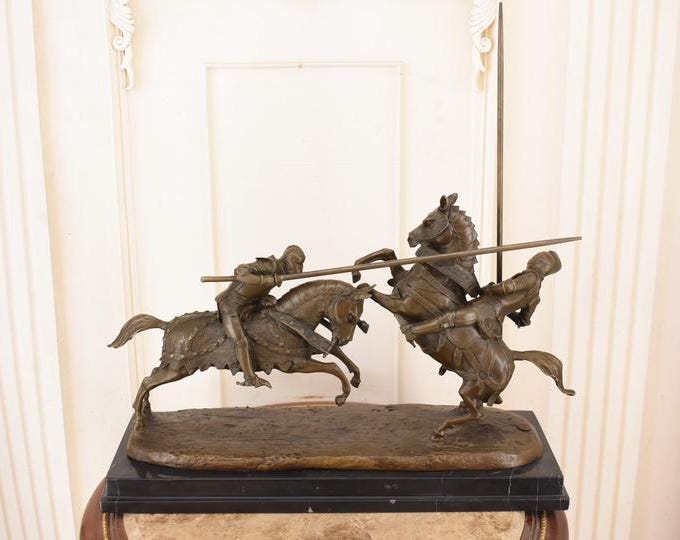 Bronze Knights Fighting with Spears – Signed Sculpture on Marble Base