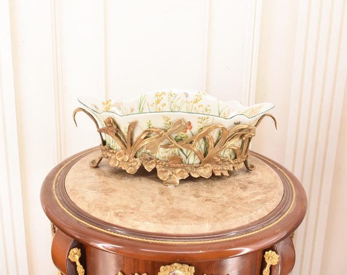 Porcelain Fruit Bowl: Bronze Dragonflies, Floral Centerpiece - Vintage Style