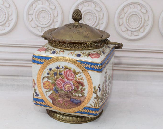Antique Porcelain Box with Flowers Ornaments - Bronze Ornaments - Kitchen Decor - Jewelry Box - Foundry Mark - Exclusive Casket - Home Decor