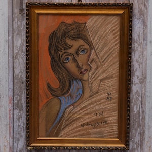 Pintura de Witkacy - Retrato de mulher - Pintura antiga em papelão - Desenho Pastel Art Nouveau - Decoração para casa - Decoração de parede - Arte de parede
