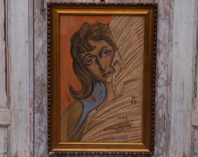 Witkacy Painting - Portrait Woman - Old Painting on Carton - Drawing Pastel Art Nouveau - Home Decor - Wall Decor - Wall Art