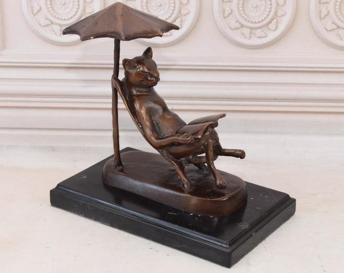 Funny Lying Kitten Reading A Book - Vintage Bronze Statue on Marble Base - Bronze Cat Sculpture - Home Decor - Gift for Birthday