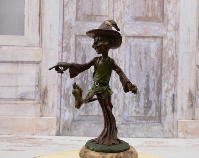 Funny Goblin Sculpture - Pixie Bronze Statue on Marble Base - Funny Gnome Pixie Bronze Sculpture - Elf Bronze - Home Decor