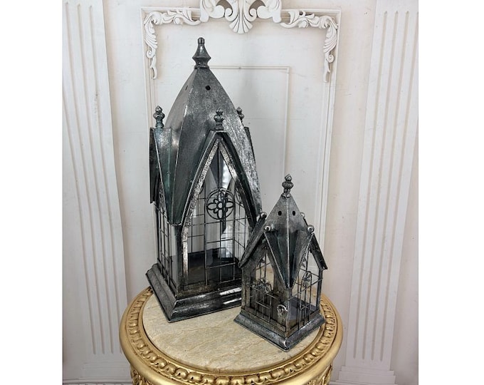 Set of 2 Gothic Lanterns - Zinc Alloy Metal and Glass - Indoor Outdoor Decorative Lanterns - Vintage Style Garden Decor