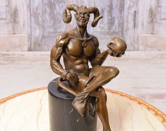 Vintage Bronze Devil Sculpture: Minotaur with Skull on Marble Base