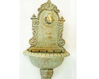 Green Patina Cast Iron Wall Fountain: Art Nouveau Brass Faucet