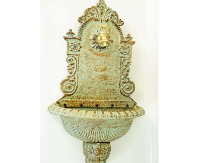 Green Patina Cast Iron Wall Fountain with Brass - Faucet Tap  - Fountain Metal Wall Sink, Patio &  Wall Ornament Outdoor - Gift Idea