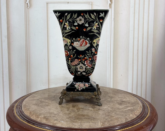 Vintage Black Porcelain Vase – Hand-Painted Floral Fruit, Bronze Ornaments – Luxury Urn