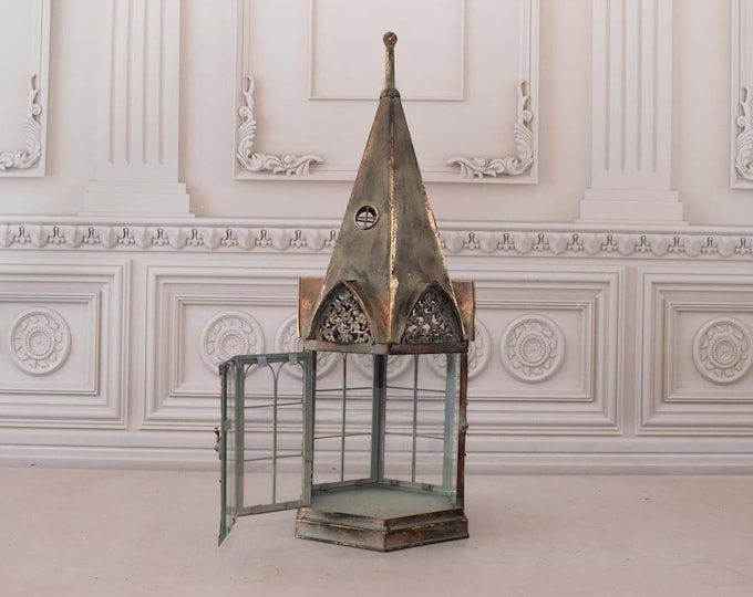 Steeple Shaped Metal Lantern - Candle Carriage Lamp - Decorated Lantern with Glass Windows - Luxury Gift for Home and Garden