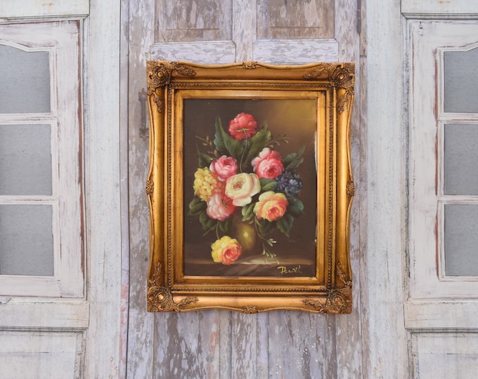 Flowers on Table - Painting in Golden Wooden Frame Oil on Canvas 54x44 - French Art - Flower Wall Decor - Luxury Gift