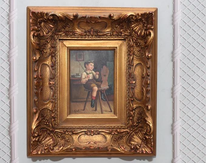 Vintage Boy Portrait Painting on Wood – Golden Frame, Home Decor