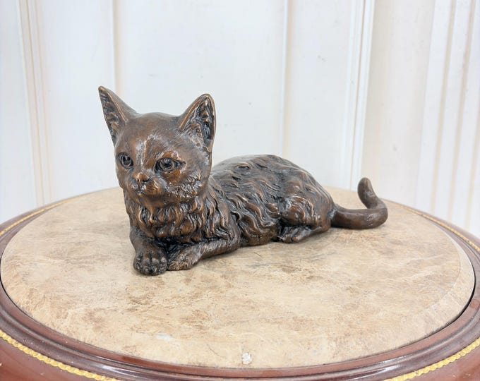 Vintage Bronze Lying Cat Figurine – Sweet Kitten Statue – Solid Cat Decor Gift