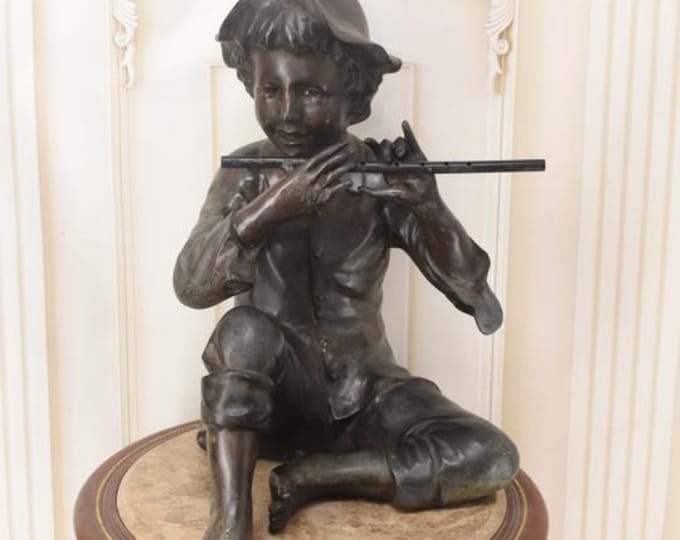 Boy with a Flute – Vintage Bronze Sculpture – Seated Child Figure – Classical European Art – Unique Decor