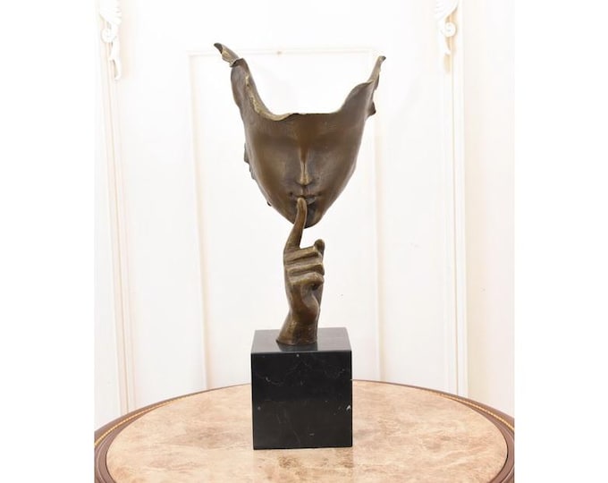 Vintage Art Deco Bronze "Silence" Sculpture: Fernandez Signed Marble Base