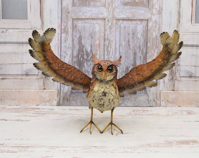 Metal Owl Statue - Owl with Spread Wings - Wisdom Symbol - Rustical Figure - Exclusive Gift - Home and Garden Decor