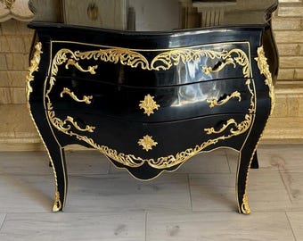 French Louis Style Black Commode — Glamour Chest Drawers, Brass Mounts