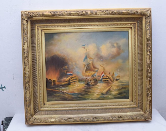 Large Vintage Maritime Oil Painting - Naval Battle at Sea - Sailing Ships War Scene