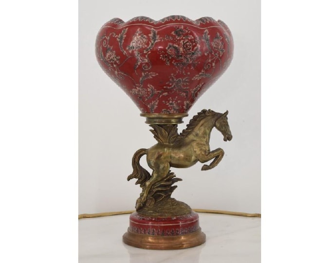 Amazing Red Porcelain Plateau - Wild Horse Bronze- Bronze Statue - Porcelain Bowl - Foundry Mark - Gift for Wedding - Home and Office Decor